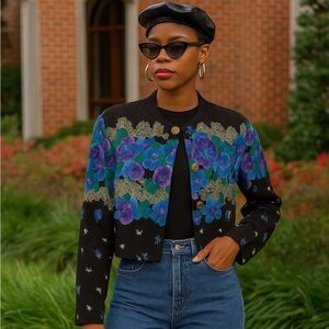 Vintage 1980s Black Rayon Relaxed Fit Floral Button Up Blouse Shirt Jacket Sz L